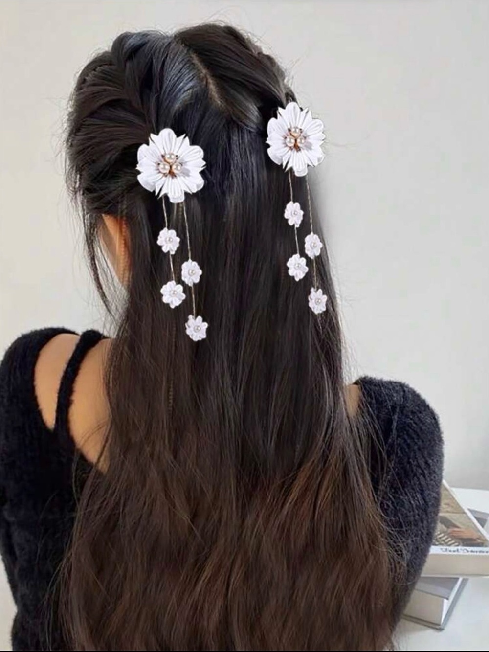 Delicate White Floral Dangle Hair Clips - Women Accessories